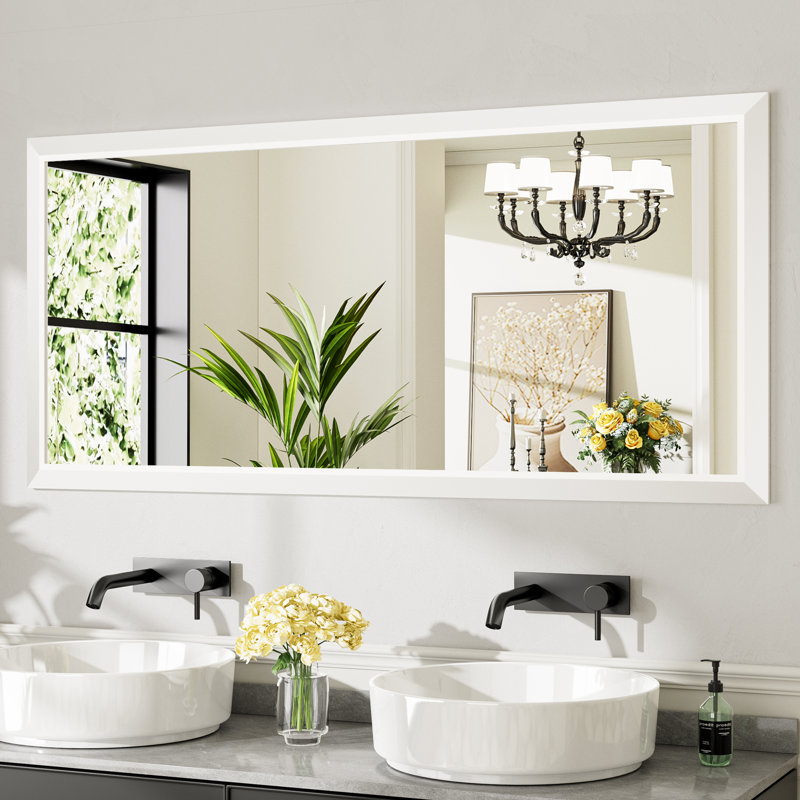 Miroirs de salle de bain modernes et contemporains en métal biseauté rectangulaire / carré avec verre trempé HD, Blanc