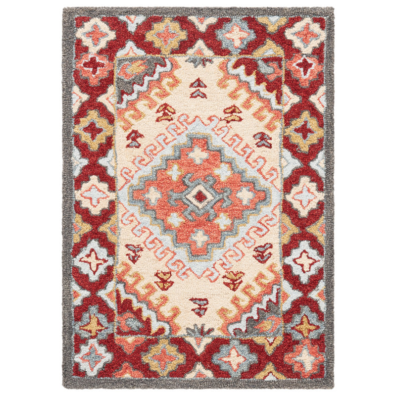 Southwestern Handmade Tufted Cotton/Wool Red/Ivory Area Rug, Rectangle 2'3" x 4'