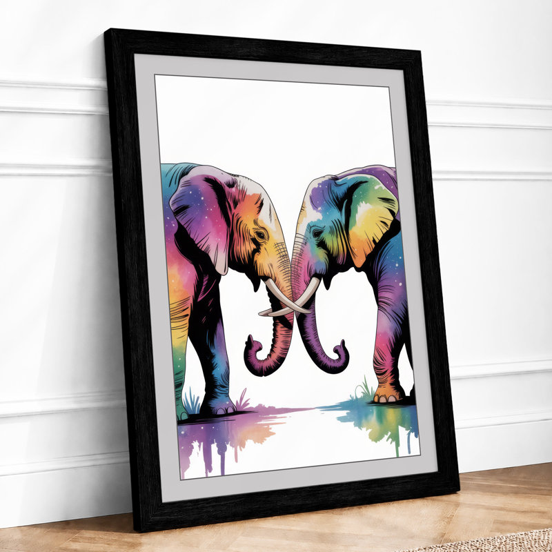 Elephants in Watercolour Modern - Framed Print, A2 - 59.4 x 42.0 cm, Black