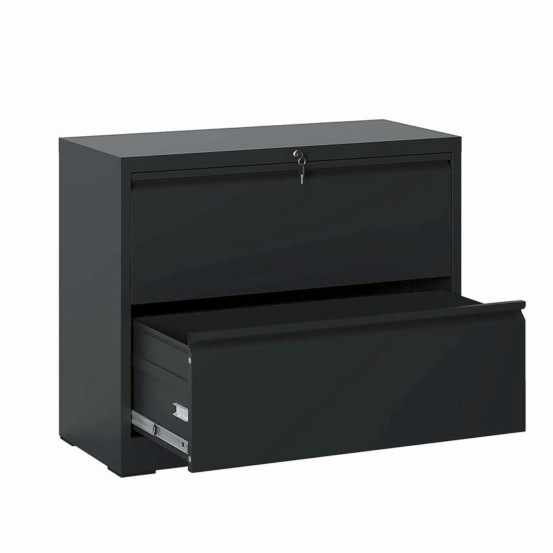 Lateral Metal File Cabinet 2 Drawer, Filing Cabinet with Lock, Black