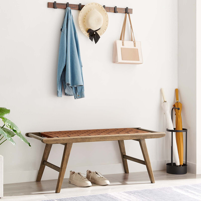 Saoirse 47" Faux Leather Wood Bench, Brown, Walnut