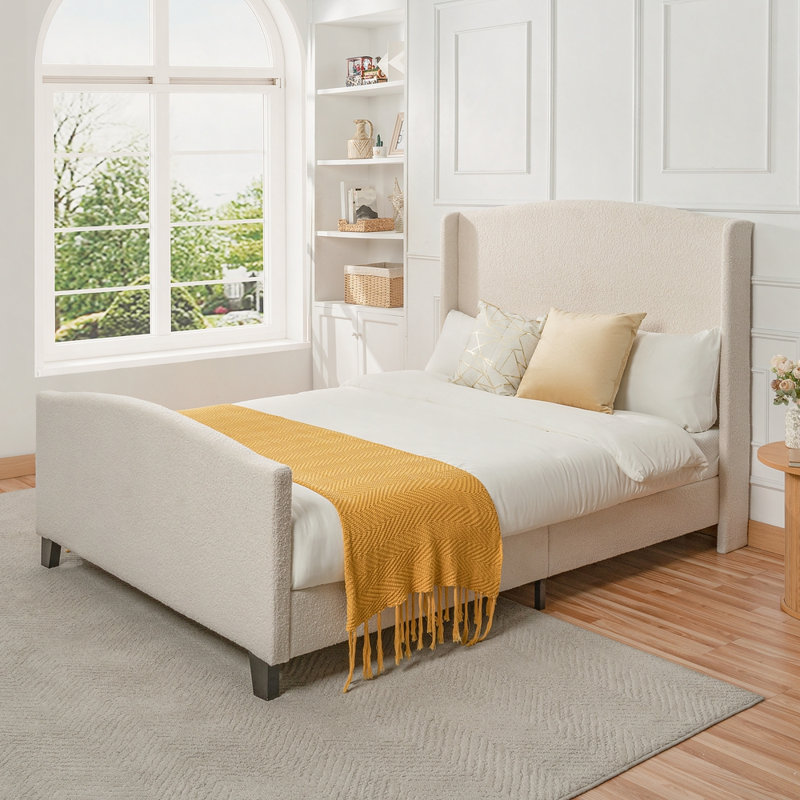 Queen Size Bed Frame with 49.21"High Back Upholstered Headboard and 27.17" High Footboard,Teddy Velvet,12 Slat Support,Solid Wood Feet,No Box Spring Needed(Ivory white)