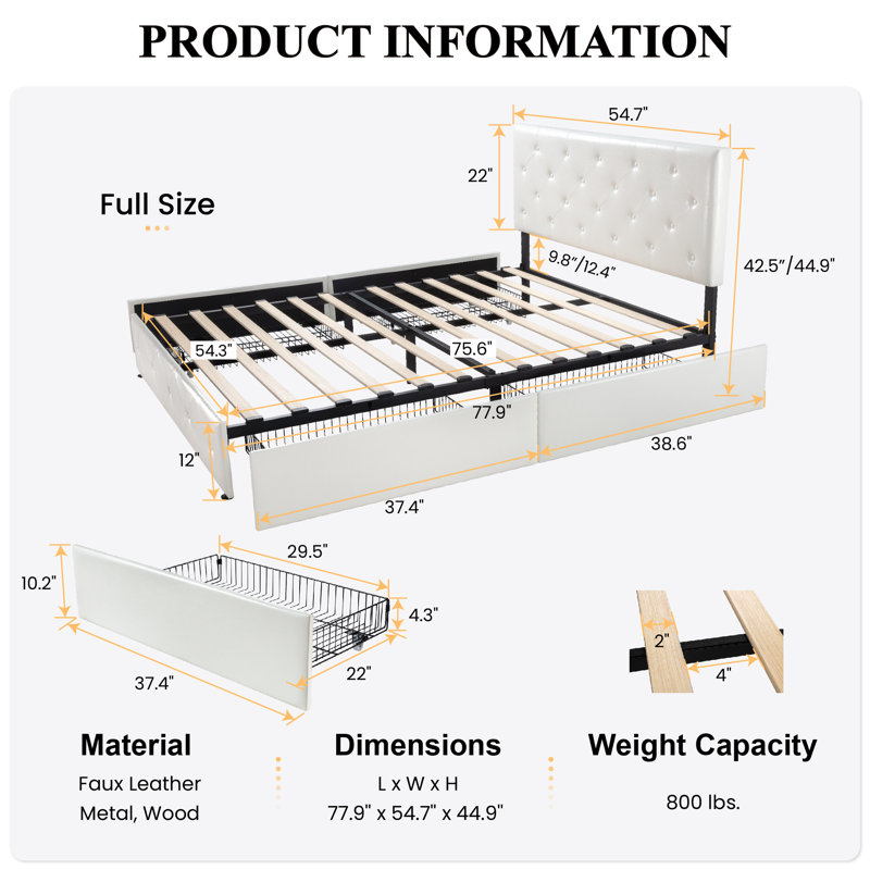 Vegan Storage Platform Bed with 4 Drawers and Adjustable Diamond Stitched Leather Headboard, White, Full