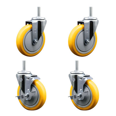 Poly Wheel Swivel 5/8 Inch Threaded Stem Caster Set 2 Brakes