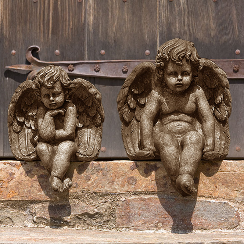 Sitting Medium Cherub Statue, Aged Limestone