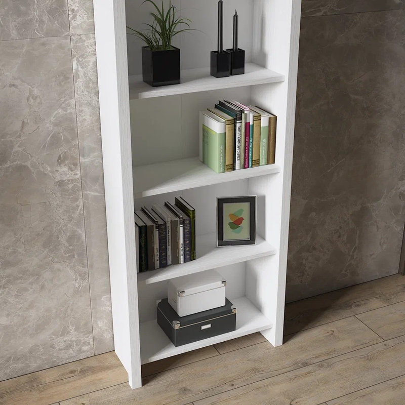 Modern Bookshelf with Metal Handle, White and Wood Finish, 25.6 x 67.0 x 9.8 inches | 100% Chipboard with MDF Frame, 15.0 inches Leg Height | Numerous Shelves, Wall-Mountable Design, Stylish Storage Solution for Home & Office