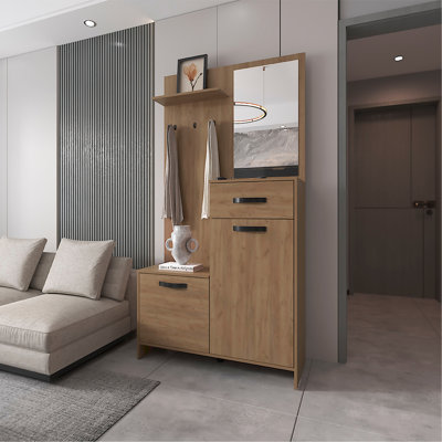 Portemanteau avec rangement miroir Elko Chêne naturel