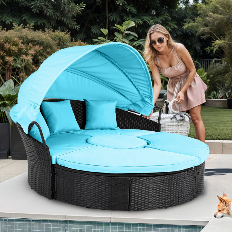 Randleswood Turquoise Patio Round Daybed with Retractable Canopy, Rattan Wicker, and 660 lbs Weight Capacity