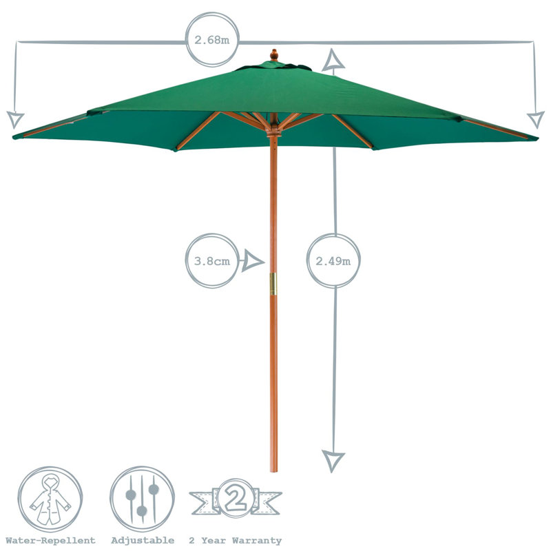 Wooden Garden Parasol & Base - 2.7m, Orange, Green