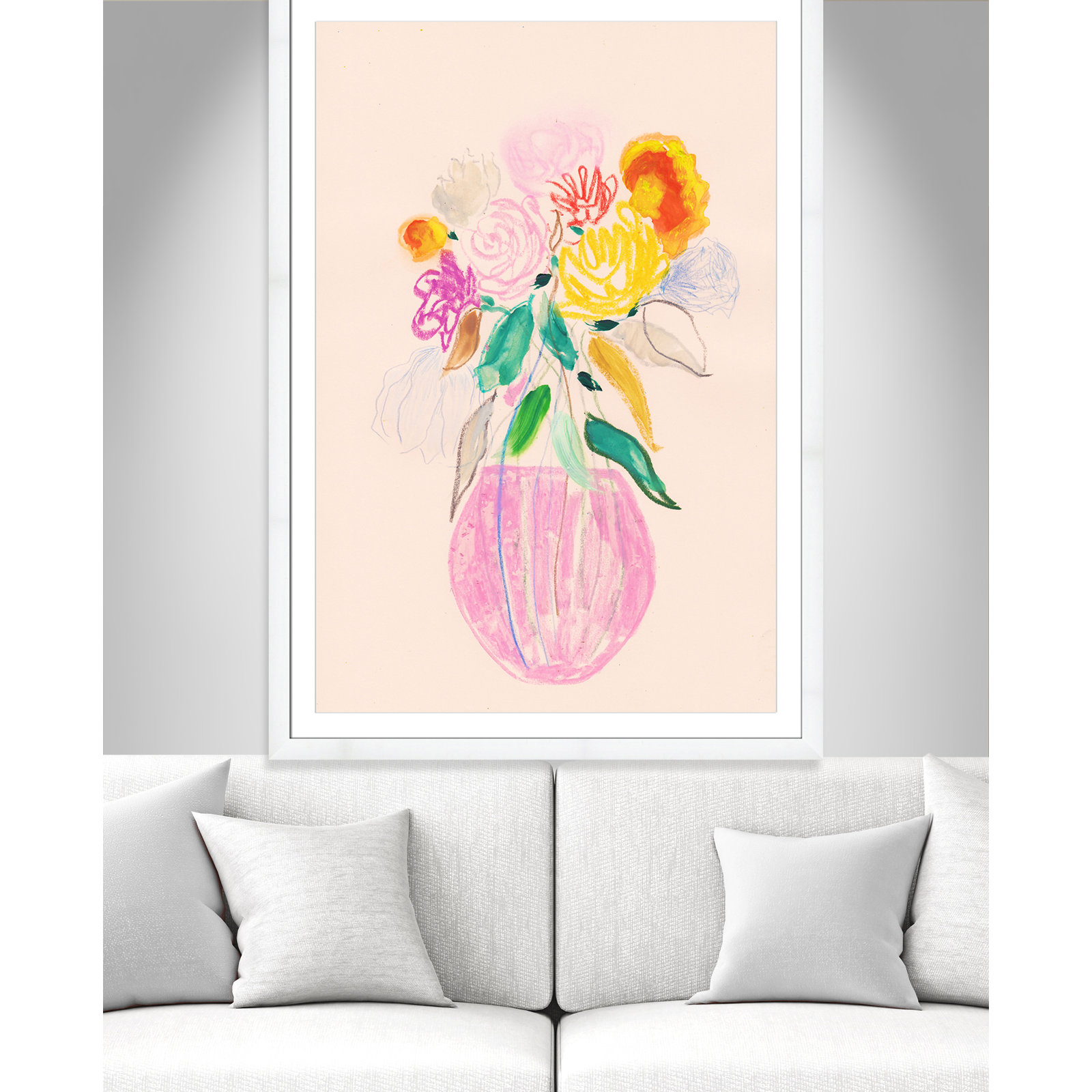 Simple Floral I Print by Bea Dina, White, White Single Picture Framed Paper, 55" H x 39" W x 1.25" D