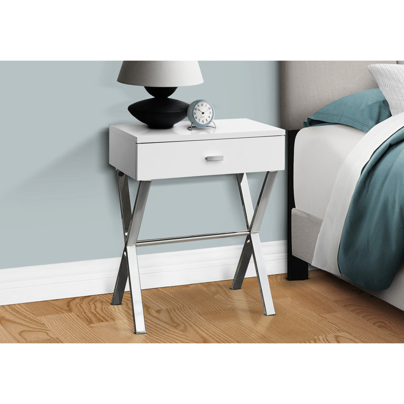 Table d'appoint moderne en stratifié blanc lustré avec piètement en métal et tiroir de rangement pour salon et chambre à coucher - Poignées décoratives