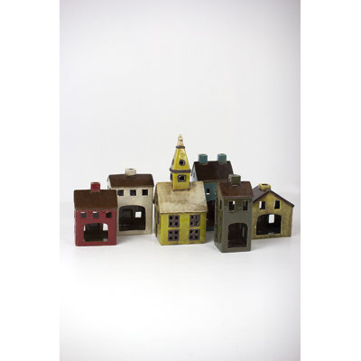  Ceramic Village Houses, 12" Tall, Hand-Painted Glazed Finish, Multicolor Decorative Holiday Set of 6