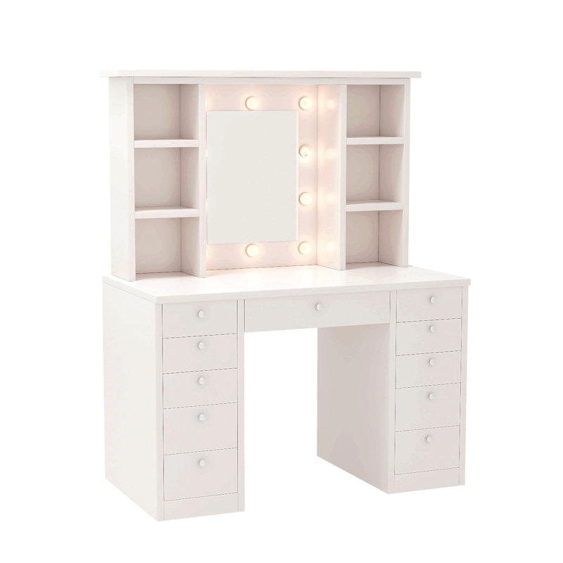 Bureau de meuble-lavabo avec miroir lumineux à DEL, coiffeuse de maquillage avec 11 tiroirs, 3 modes d'éclairage couleur réglables en luminosité, câblage caché, coiffeuse pour chambre à coucher, blanc