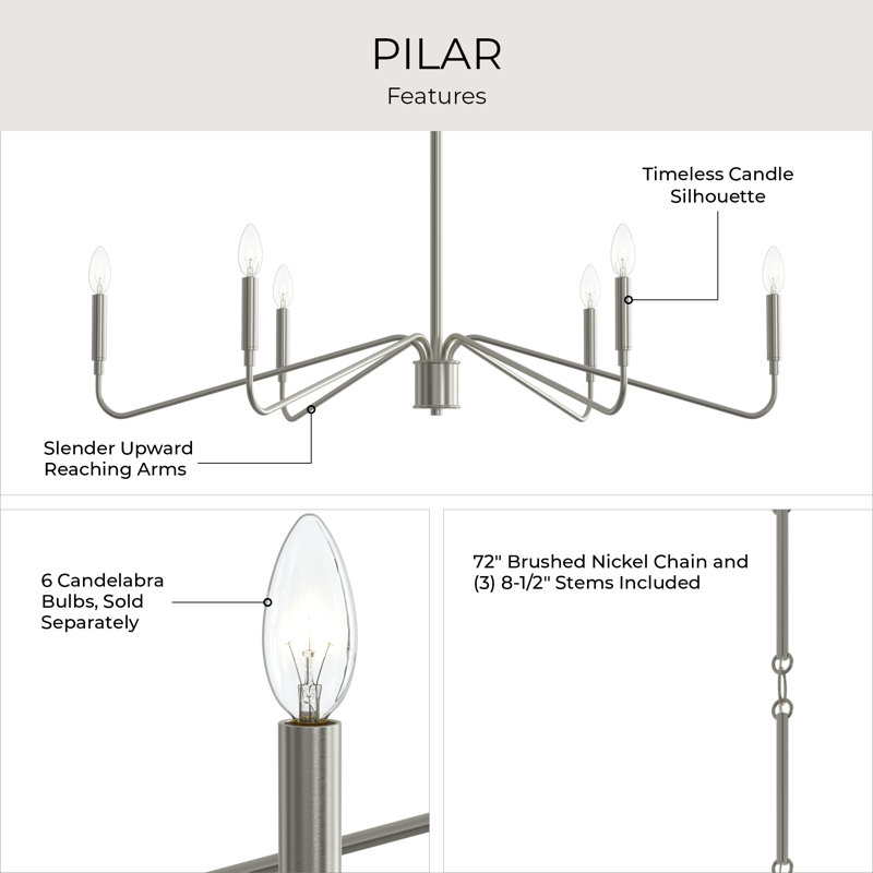 Pilar 6-Light Brushed Nickel Chandelier, Brushed Nickel