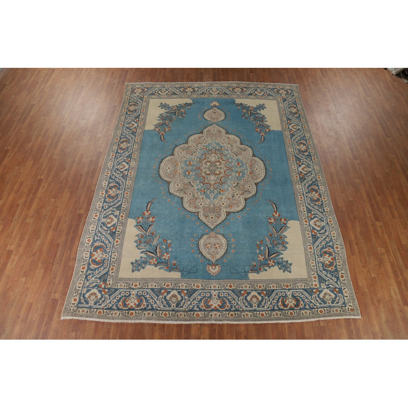 Tapis traditionnel bleu en laine rétro 10 x 13