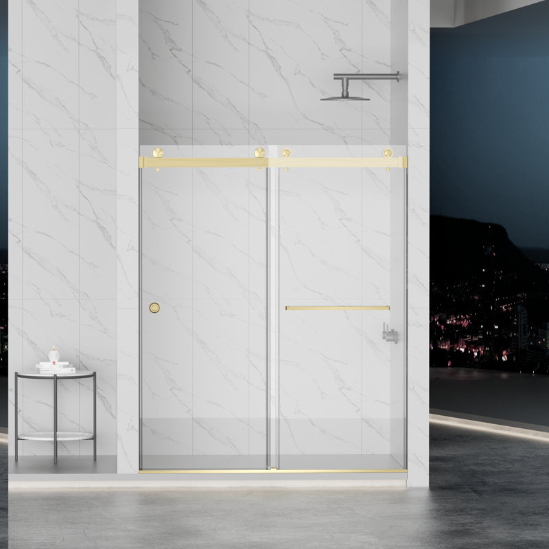 Porte de douche coulissante double sans cadre l 55 à 59 po x H 72 po, verre trempé 5/16 po, or brossé
