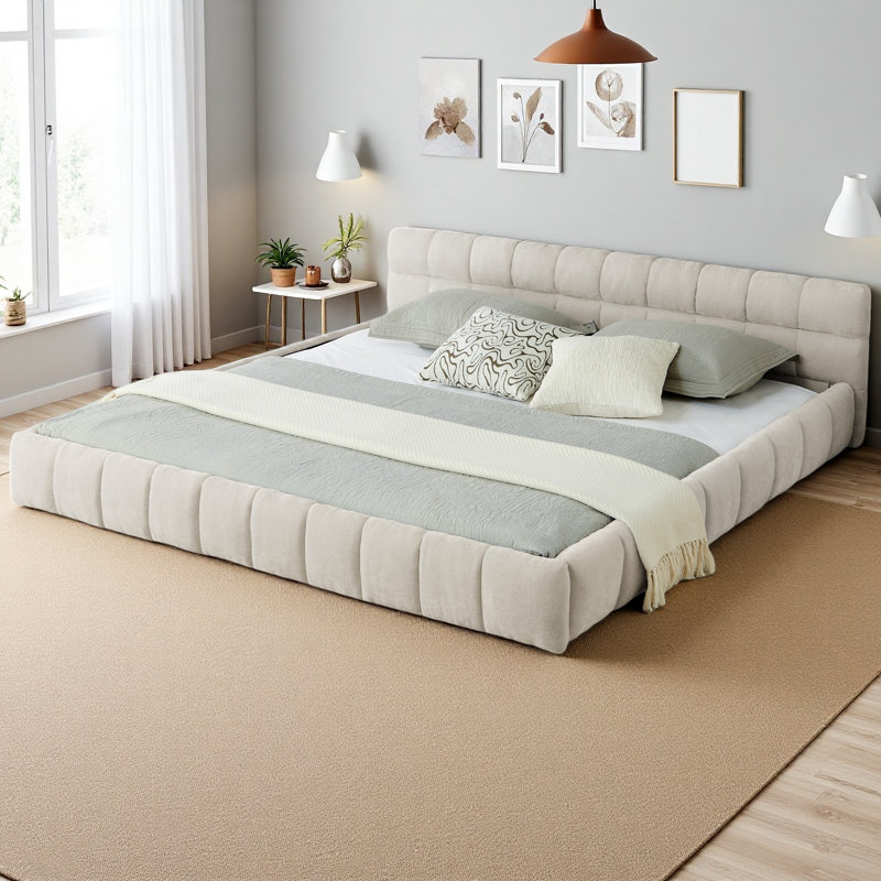 Très grand cadre de lit tapissier très grand avec tissu épais, lit plateforme grand format en chenille avec tête de lit et structure solide. Aucun sommier tapissier requis