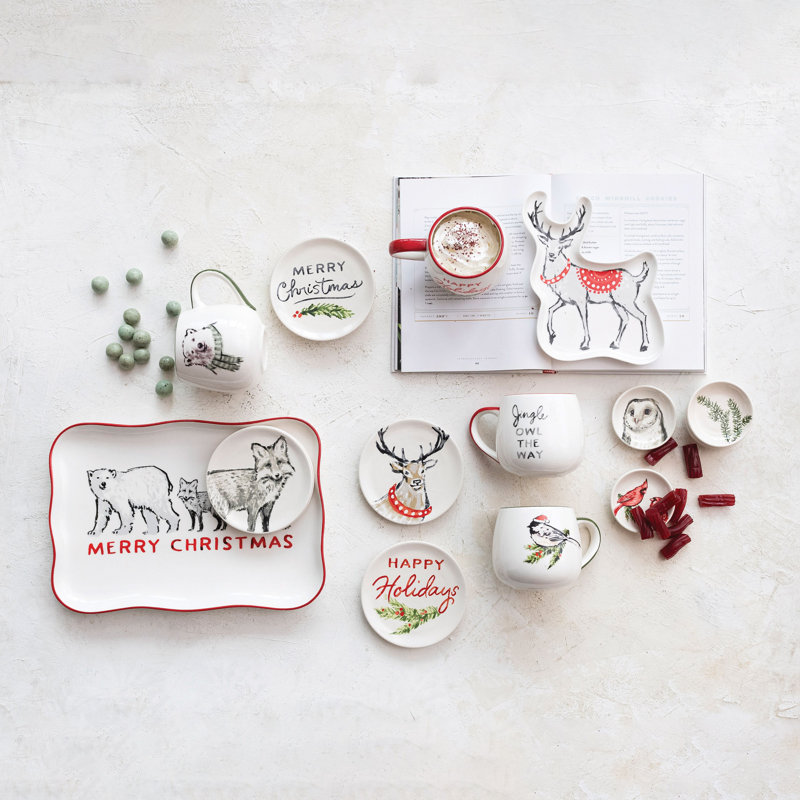 Tasses en grès avec dictons des Fêtes et imprimés d'animaux