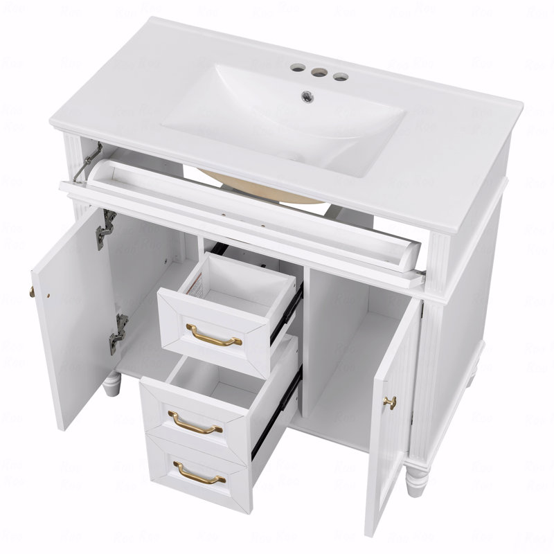 Meuble-lavabo autoportant 36 po avec lavabo en céramique 36 po, tiroir supérieur rabattable, portes à fermeture en douceur, 2 tiroirs de rangement, poignées dorées