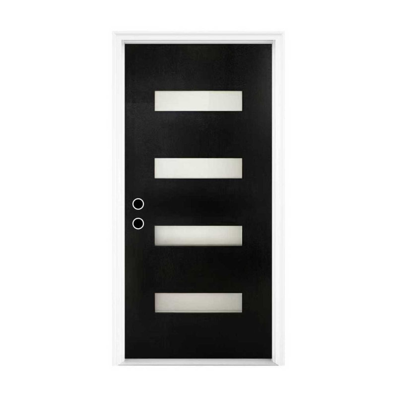 Porte extérieure contemporaine en fibre de verre noire avec verre givré pour la maison