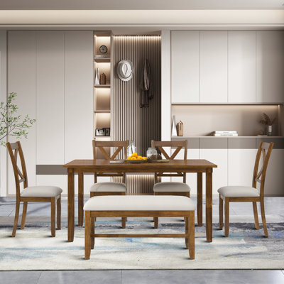 Ensemble de salle à manger 6 pièces de style rétro Bremble avec chaises à dossier en X et banc pour salle à manger