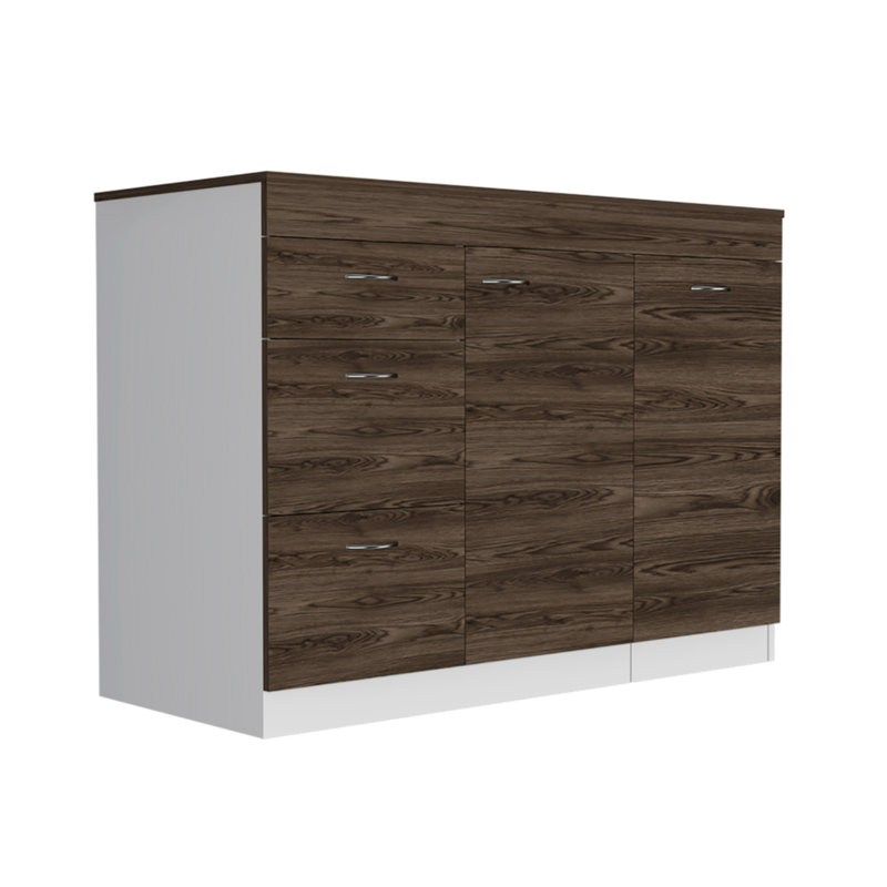 Armoire de cuisine Grecia, trois tiroirs, deux tablettes internes - blanc / noyer foncé