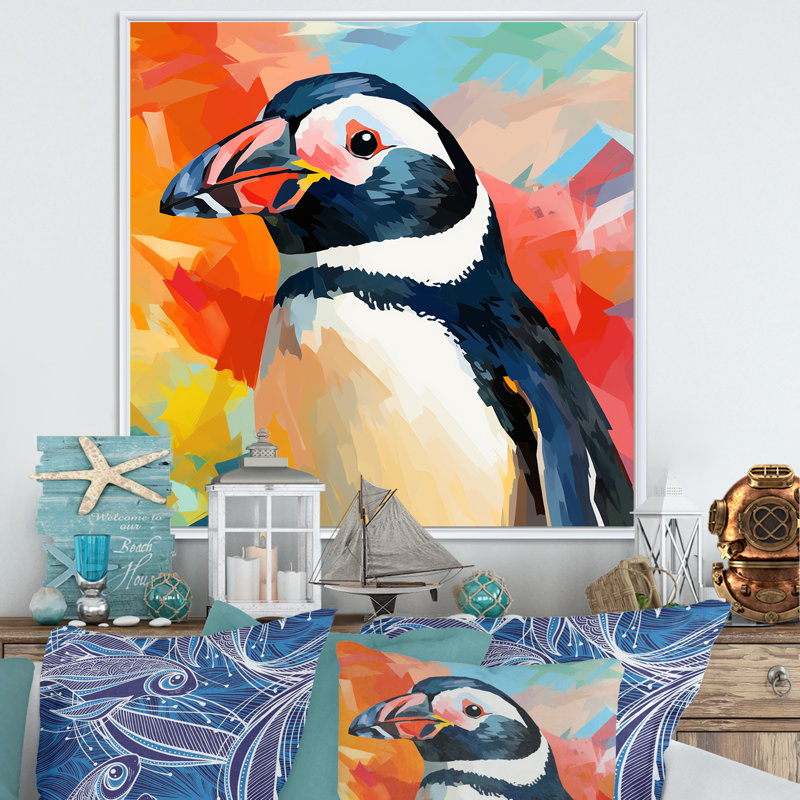 Pop Art Penguin Parade Charm I - art mural pingouin, Cadre flottant blanc, H 16 po x l 16 po x P 1 po