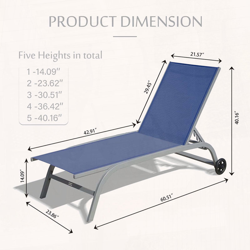 Ensemble de 2 chaises longues avec roulettes et positions réglables, Bleu