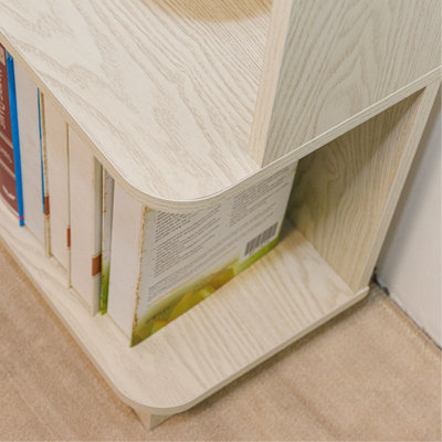 Bibliothèque de coin autoportante en L de 90 cm (35,43 po) à 5 niveaux pour salon, chambre à coucher, bureau à domicile, bibliothèque en bois avec panneau anti-chute et dispositif anti-basculement, tablette ouverte