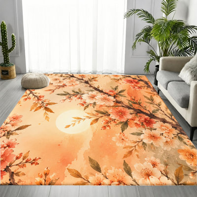 Tapis floral Watercolor Peach Blossom, motif artistique d'arbre en fleurs, tapis antidérapant lavable à la machine, décoration intérieure pour salon, chambre à coucher, entrée, cuisine, appartement