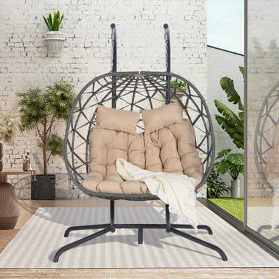 Outdoor Hanging Egg Chair: Strong Iron Frame, , Handcrafted , Comfortable Cotton Cushion, Garden Swing Chair With Stand: Iron, Protection, Handmade Soft 600lb Capacity
