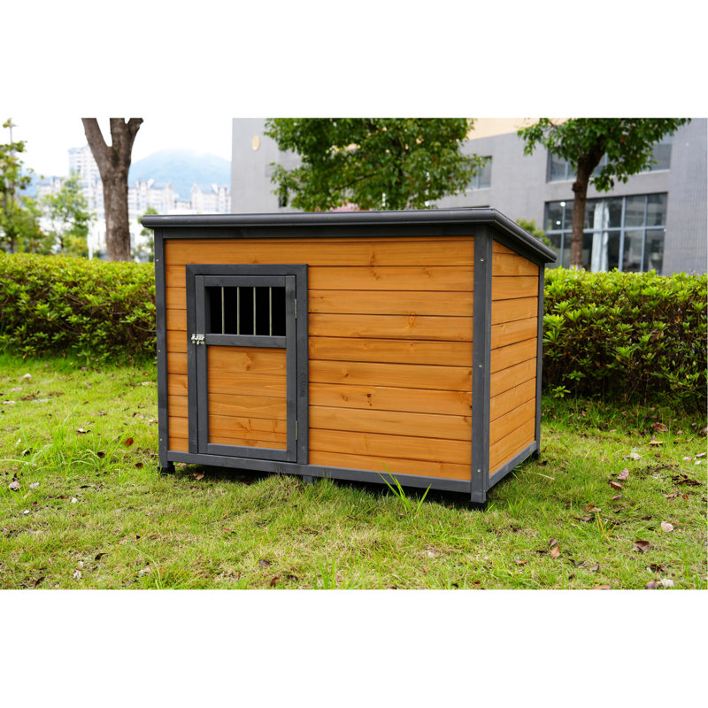 Solid Wood Dog House, Waterproof Roof, Scratch- Large Breathable Door, Interior