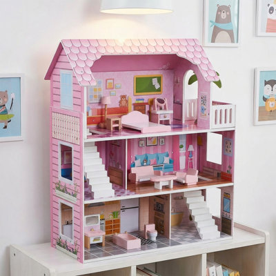 Shimmer Mansion Dollhouse, Large 3-Storey Dollhouse With Accessories