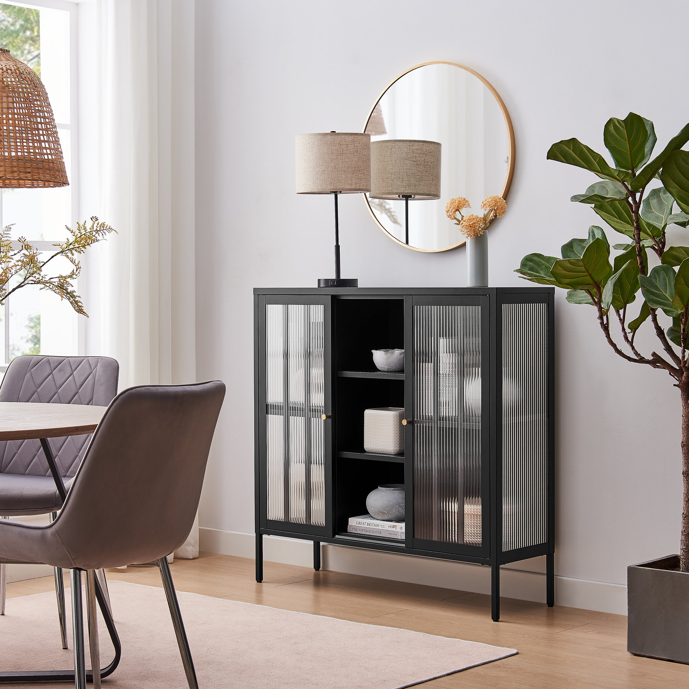 Natinal Metal Fluted Glass Cabinet Sideboard Sleek Modern Design