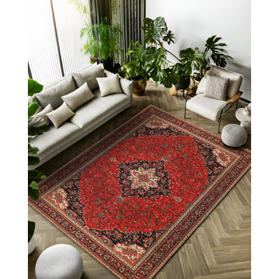 Tapis marocain rouge en coton et polyester à imprimé numérique Alba Collection