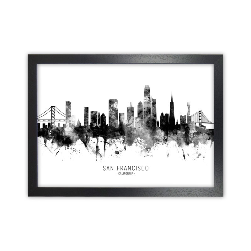 San Francisco California Skyline Black White City Name by Michael Tompsett - Print, 64cm H x 88cm W x 3cm D, Black Framed