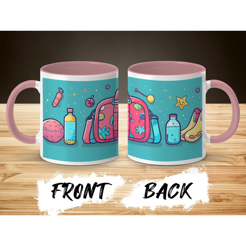Kids Drawing Style 11oz Accent Mugs – Ceramic Coffee Cup with a Pink Handle and Interior
