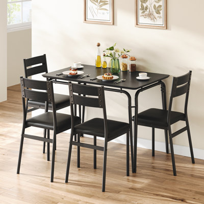 Ensemble de salle à manger 5 pièces pour 4 personnes - Table de cuisine carrée compacte et 4 chaises rembourrées - Structure en métal, facile à nettoyer et à assembler - Noir, plateau en MDF