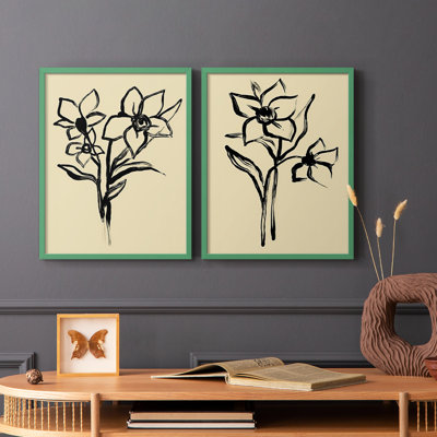 Encre florale I-Premium, impression encadrée - prête à être accrochée - aucun clou requis - aucun clou requis