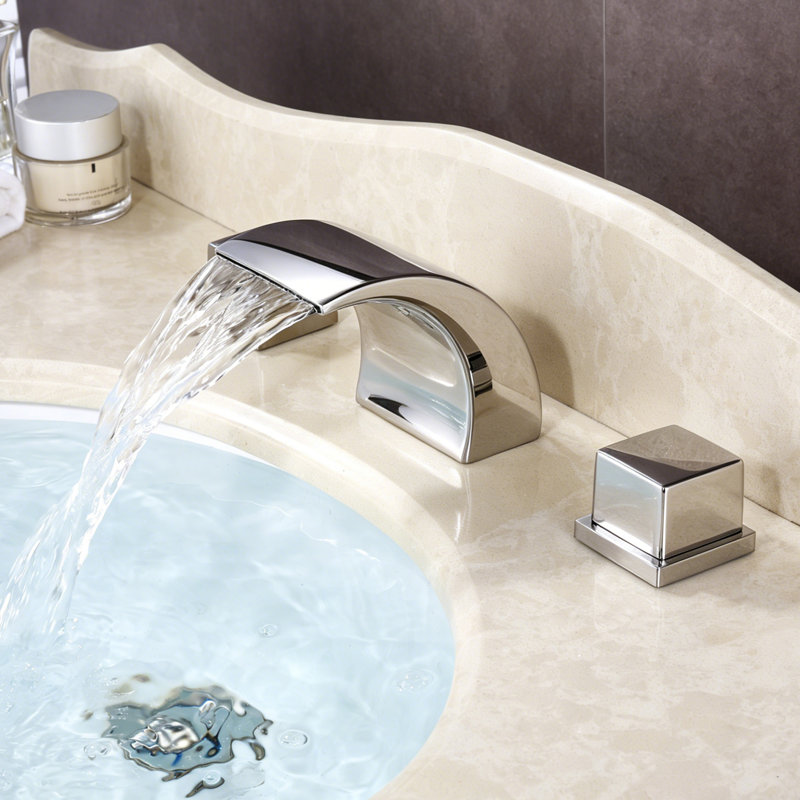 Sumerain Widespread Waterfall Bathroom Faucet,Modern 2-Handle Deck Mount Sink Faucet with Disc Cartridge, Chrome Finish
