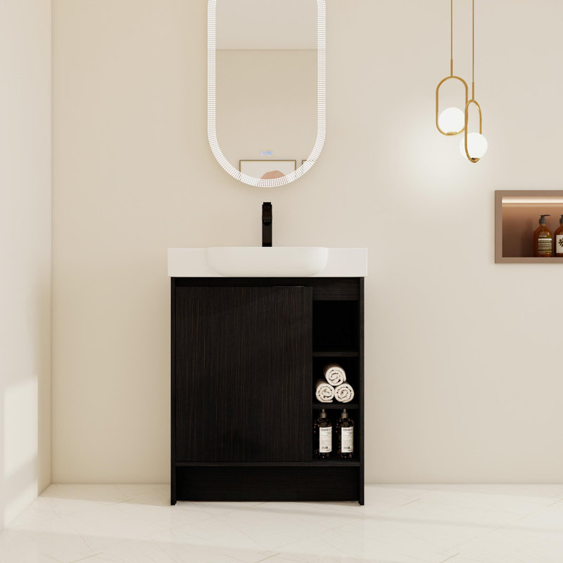 Ensemble de meuble-lavabo simple 28 po avec lavabo et tablettes en céramique, Noir