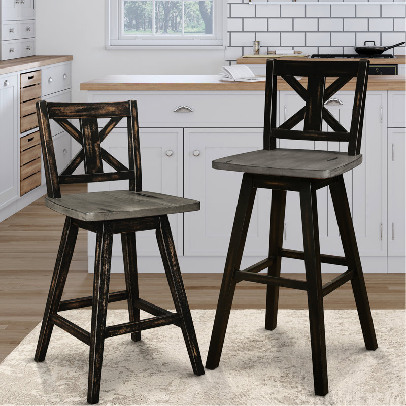 2 chaises pivotantes à hauteur de pub, bois d'hévéa massif gris et noir patiné pour la salle à manger, 2 chaises et espace à 360 degrés