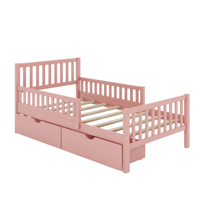Lit plateforme en bois avec garde-corps et tiroirs, Lit simple, Rose