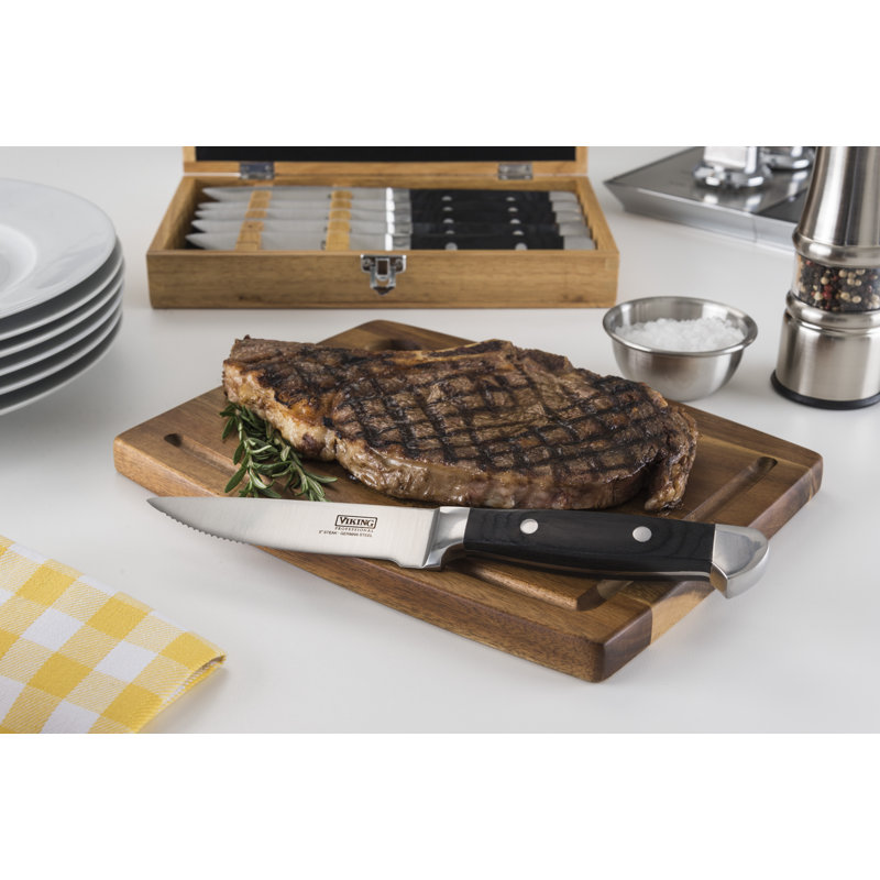 Viking Steakhouse Pakka Wood 6-Piece Steak Knife Set with Wooden Box, Black