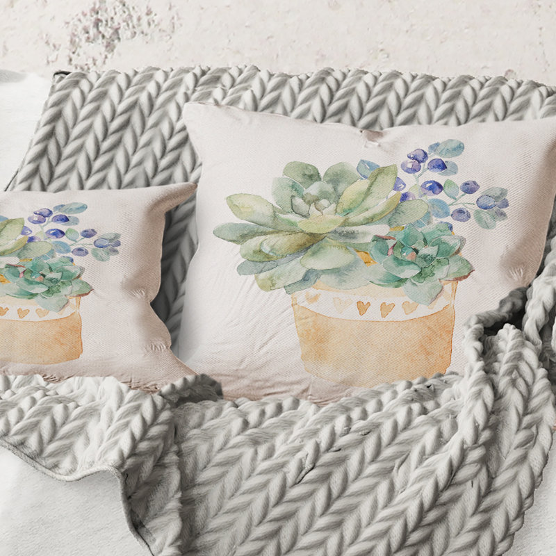 Square,Succulent Flower In Terracotta Pot II - Traditional Printed Throw Pillow, 18" x 18"