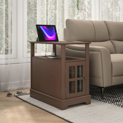 Living Room End Table With Charging, Narrow Brown Side Table. Ports & Outlets, Hidden Storage Compartment, Open Shelf, And For Living. Comes Charging Function, Storage, Solid Structure