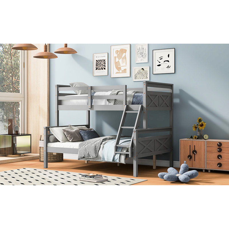 Lit superposé simple au-dessus d'un lit double, gris, avec fonctions avancées, Gris