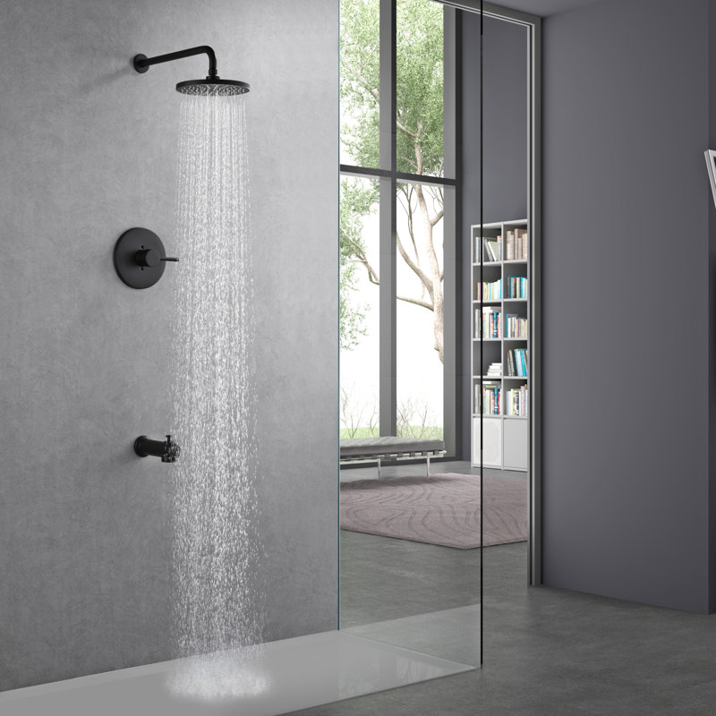 Kree Collection Shower System: 8" Round Shower Head, Single Handle Set, Tub Spout, & Rough-in Valve Included - Matte Black