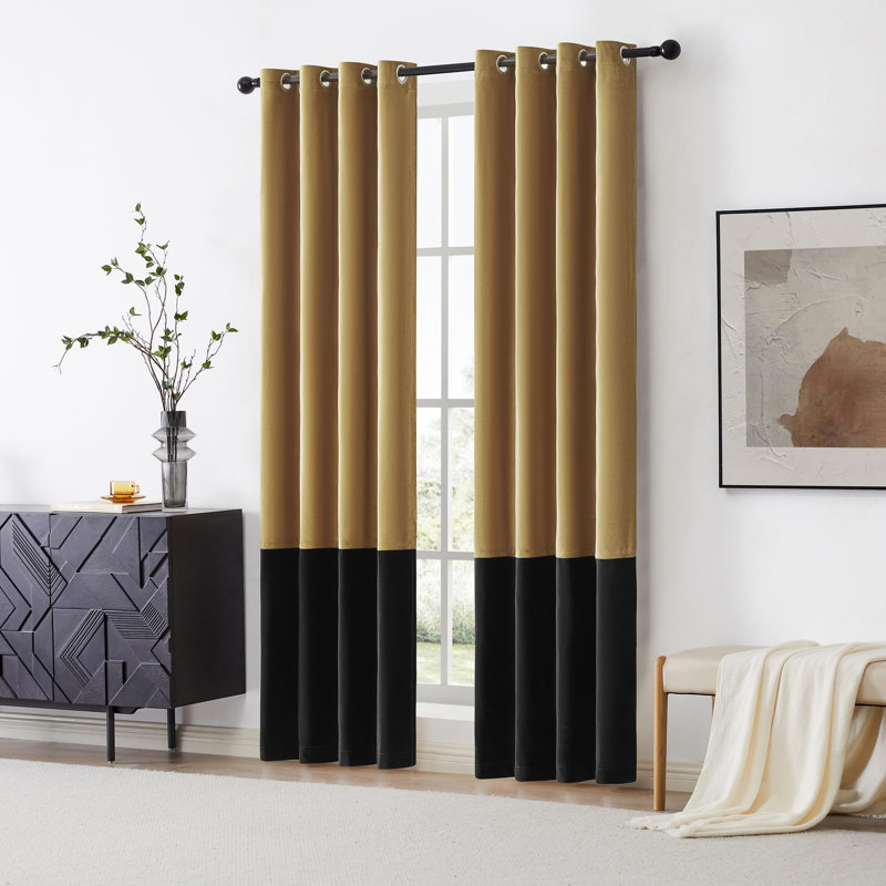 Panneaux de rideaux de fenêtre à blocs de couleur Rondon de 96 pouces de long en velours noir doré pour maison de campagne