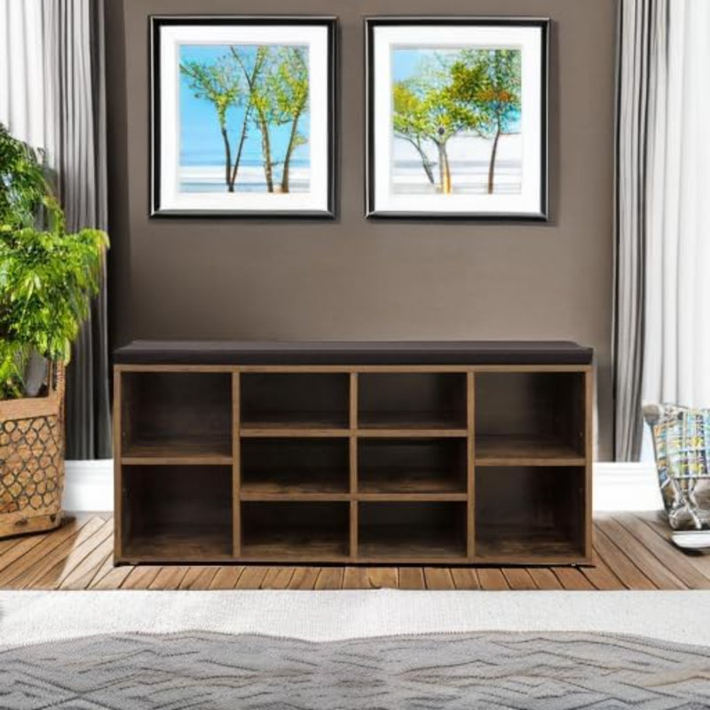 Collection - Banc à chaussures, banc de rangement avec siège rembourré, banc d'entrée avec 10 compartiments, pour chambre, 11,8 x 40,9 x 18,9 pouces, brun rustique et brun châtaignier